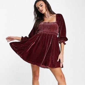 NWT Free People Daphne Velvet Mini Dress Burgundy